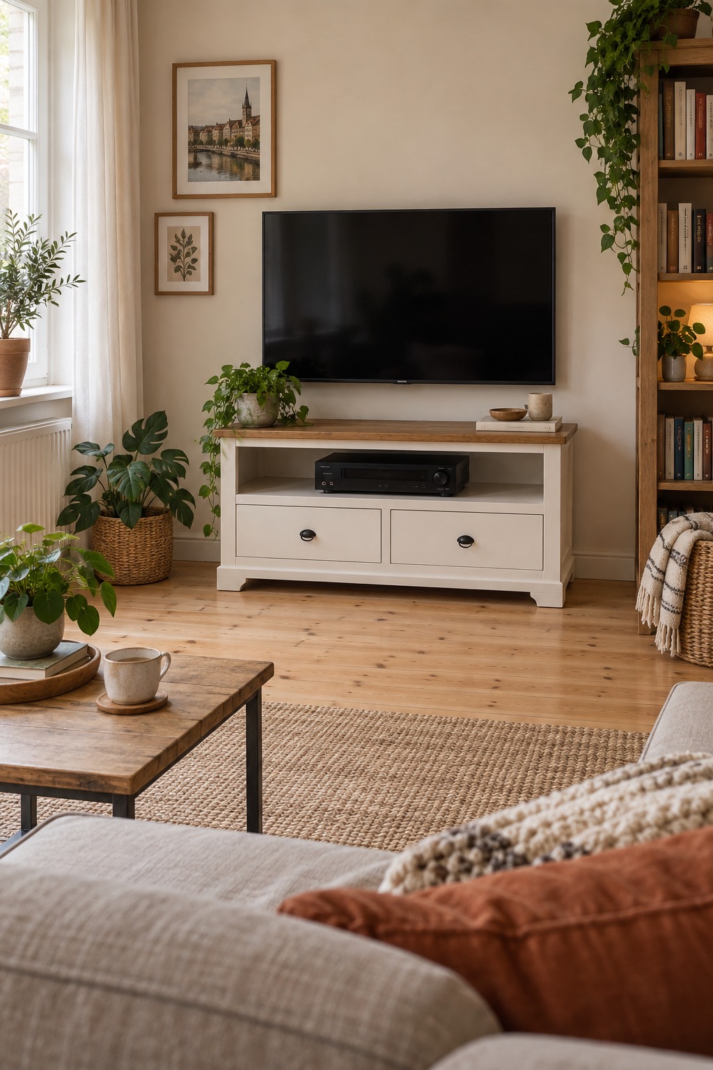Kleines weißes TV-Lowboard mit brauner Deckplatte, zwei Schubladen und offenem Gerätefach