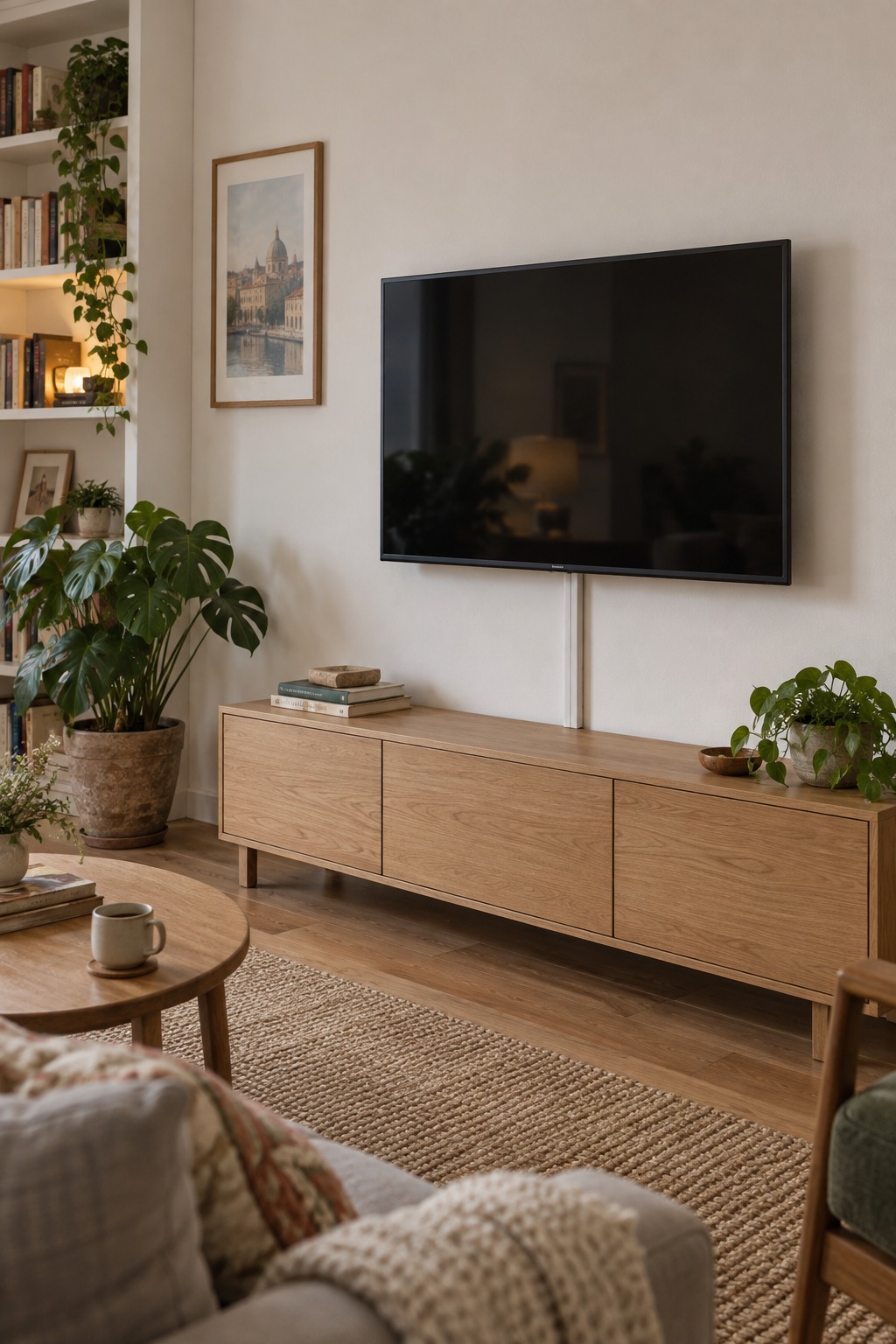 Weißer Kabelkanal führt unter einem wandmontierten Fernseher gerade zum Holzlowboard