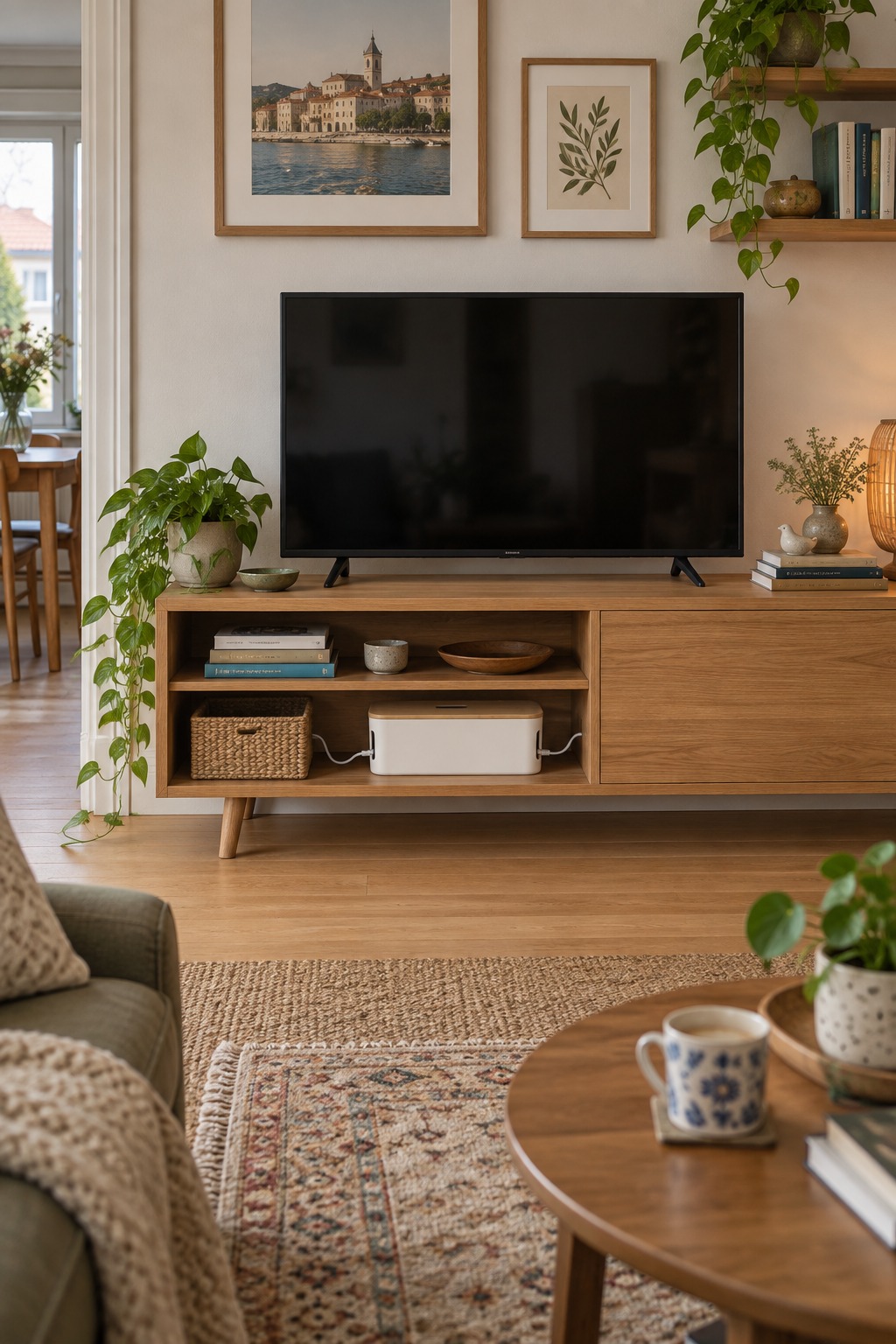 Weiße Kabelbox mit Bambusdeckel und seitlichen Kabelöffnungen im offenen Fach eines TV-Möbels