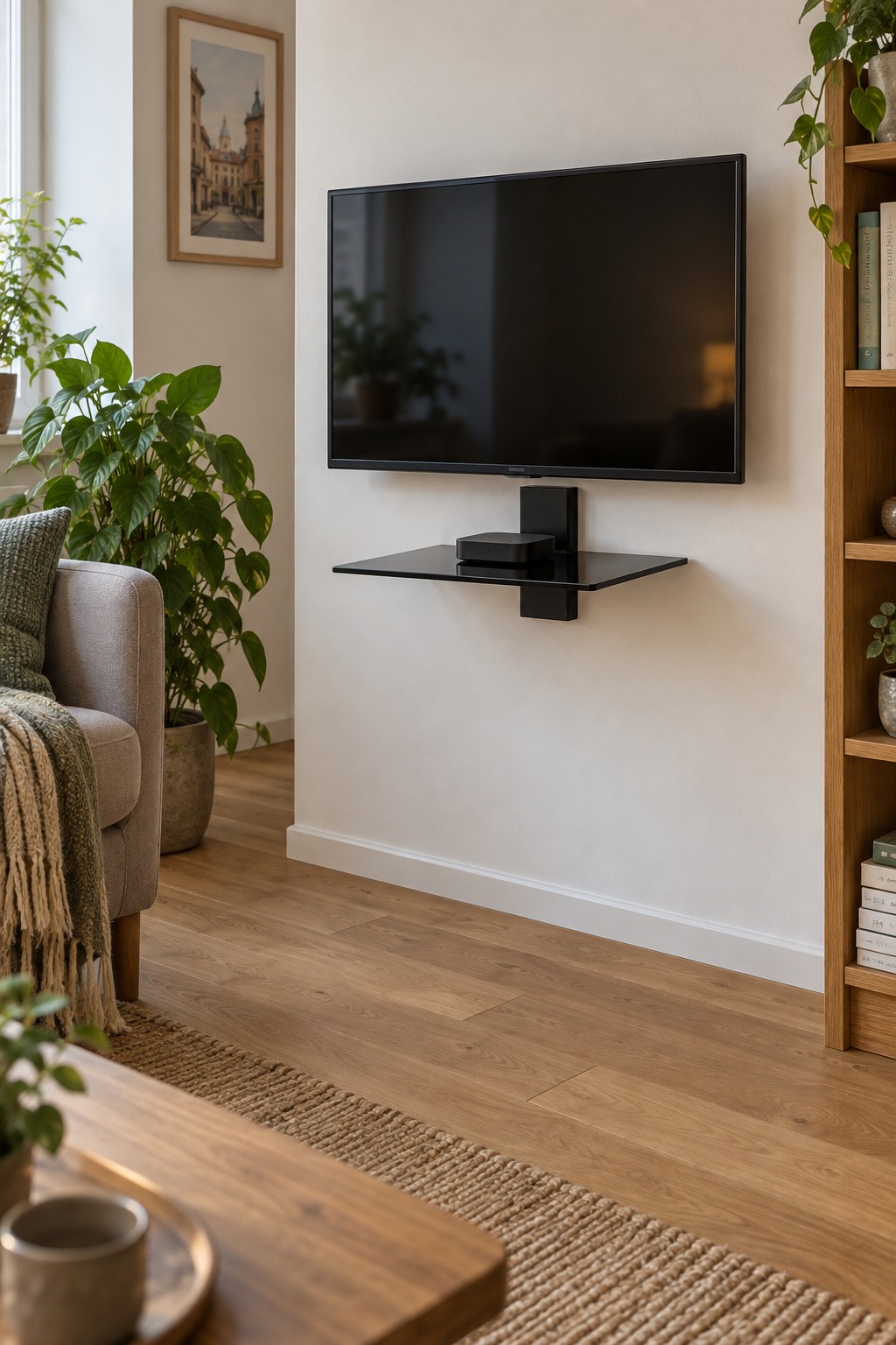 Schwarze Glas-Wandablage mit kleinem TV-Gerät unter einem wandmontierten Bildschirm
