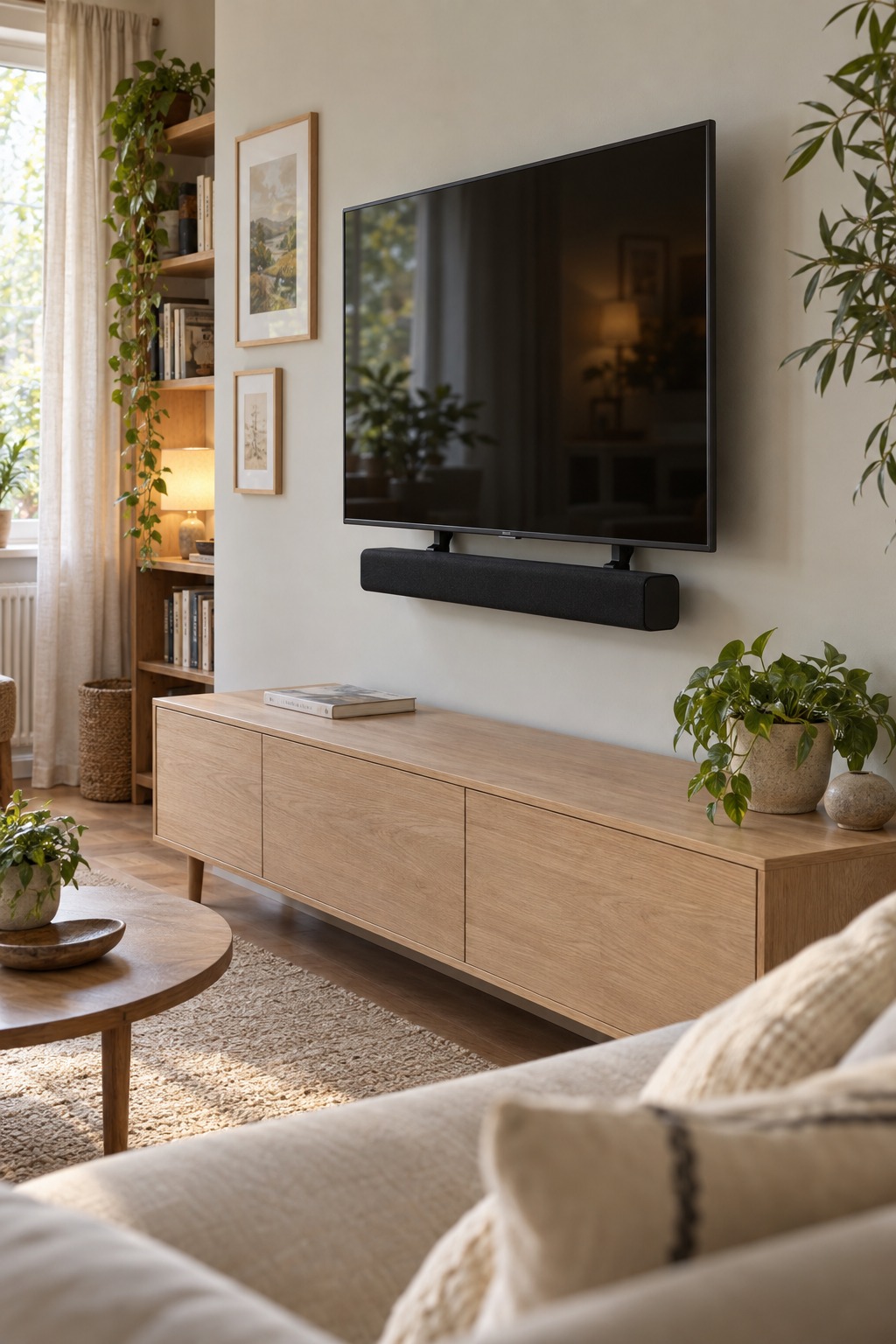 Schwarze Soundbar an zwei Haltearmen unter einem Fernseher über einem freien Lowboard