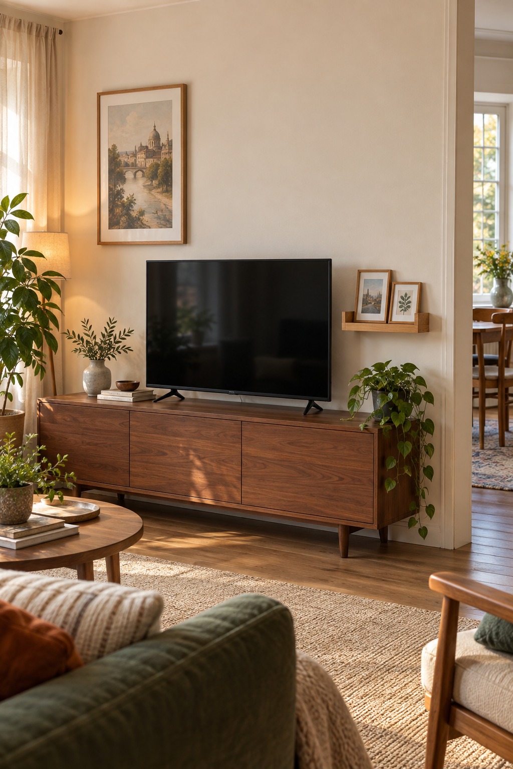 Kurze natürliche Bambus-Bilderleiste mit zwei kleinen Rahmen neben einem Fernseher