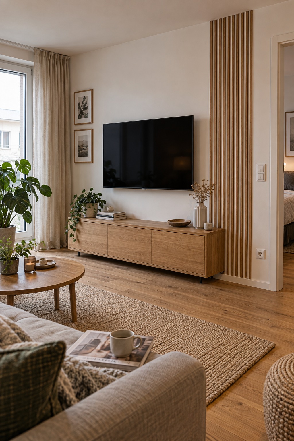 Senkrechter Eichen-Lamellenstreifen auf weißem Filz neben einer hellen TV-Wand mit Holzlowboard