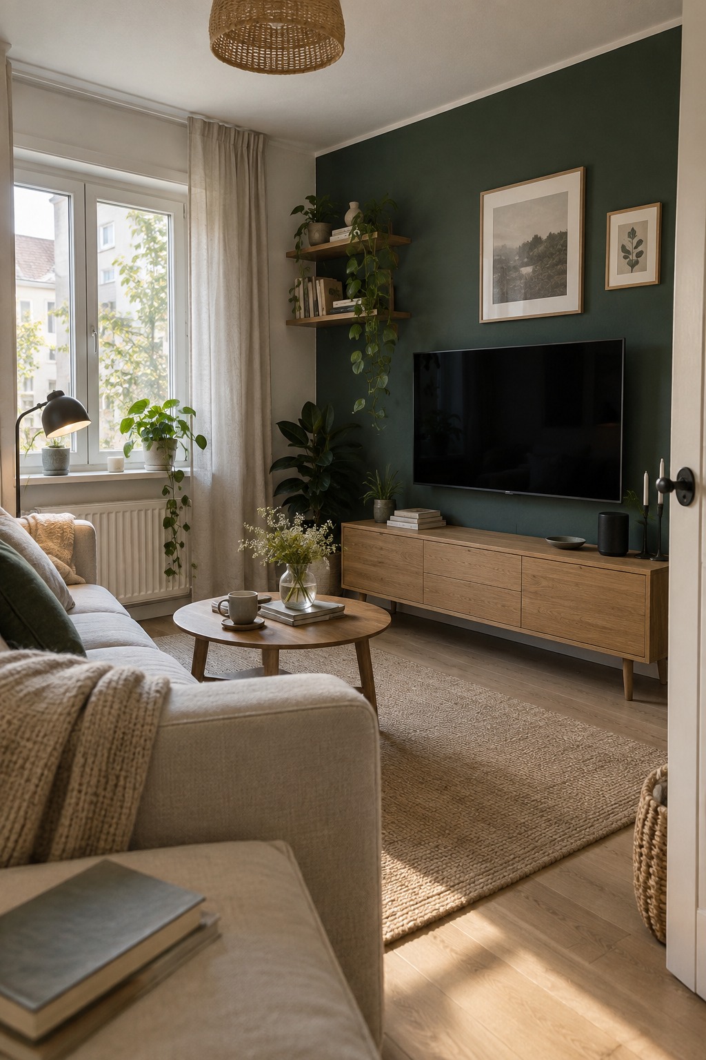 Dunkelgrüne matte Wandfläche hinter einem schwarzen Fernseher und einem Holzlowboard