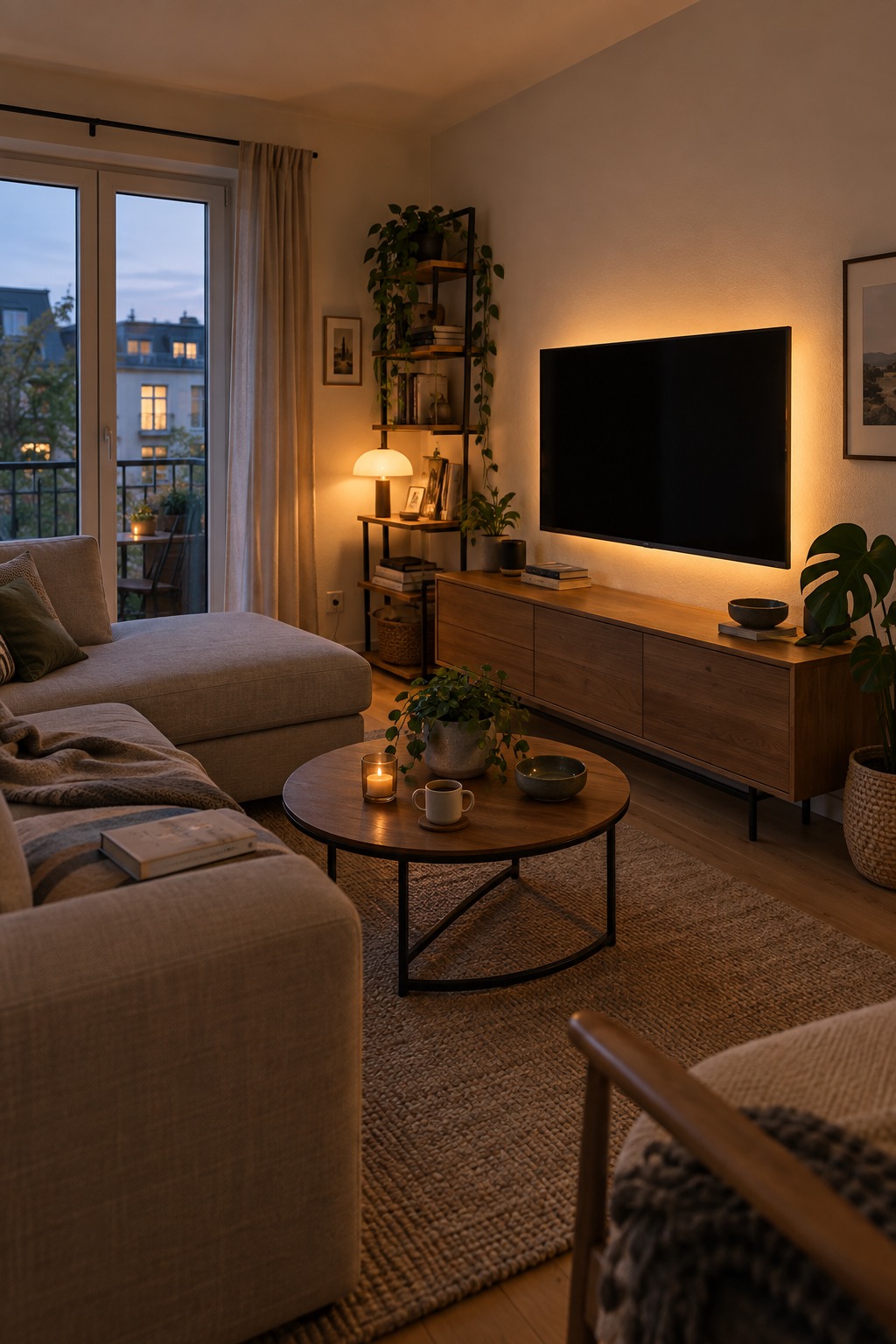 Warmer indirekter Lichtschein hinter einem niedrigen Fernseher in einem kleinen gemütlichen Wohnzimmer am Abend