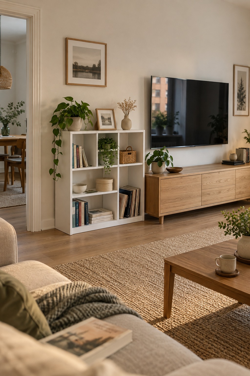 Niedriges weißes offenes Bücherregal mit unterschiedlich großen Fächern neben einem TV-Lowboard