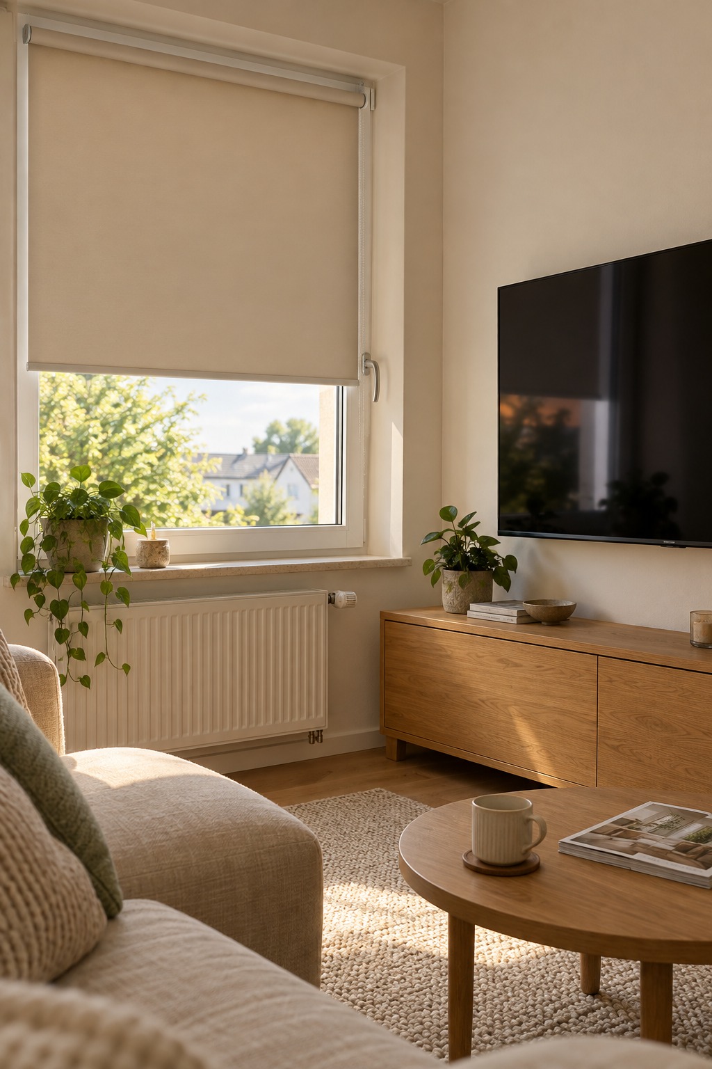 Teilweise heruntergelassenes beiges Verdunkelungsrollo am Fenster neben einer TV-Wand