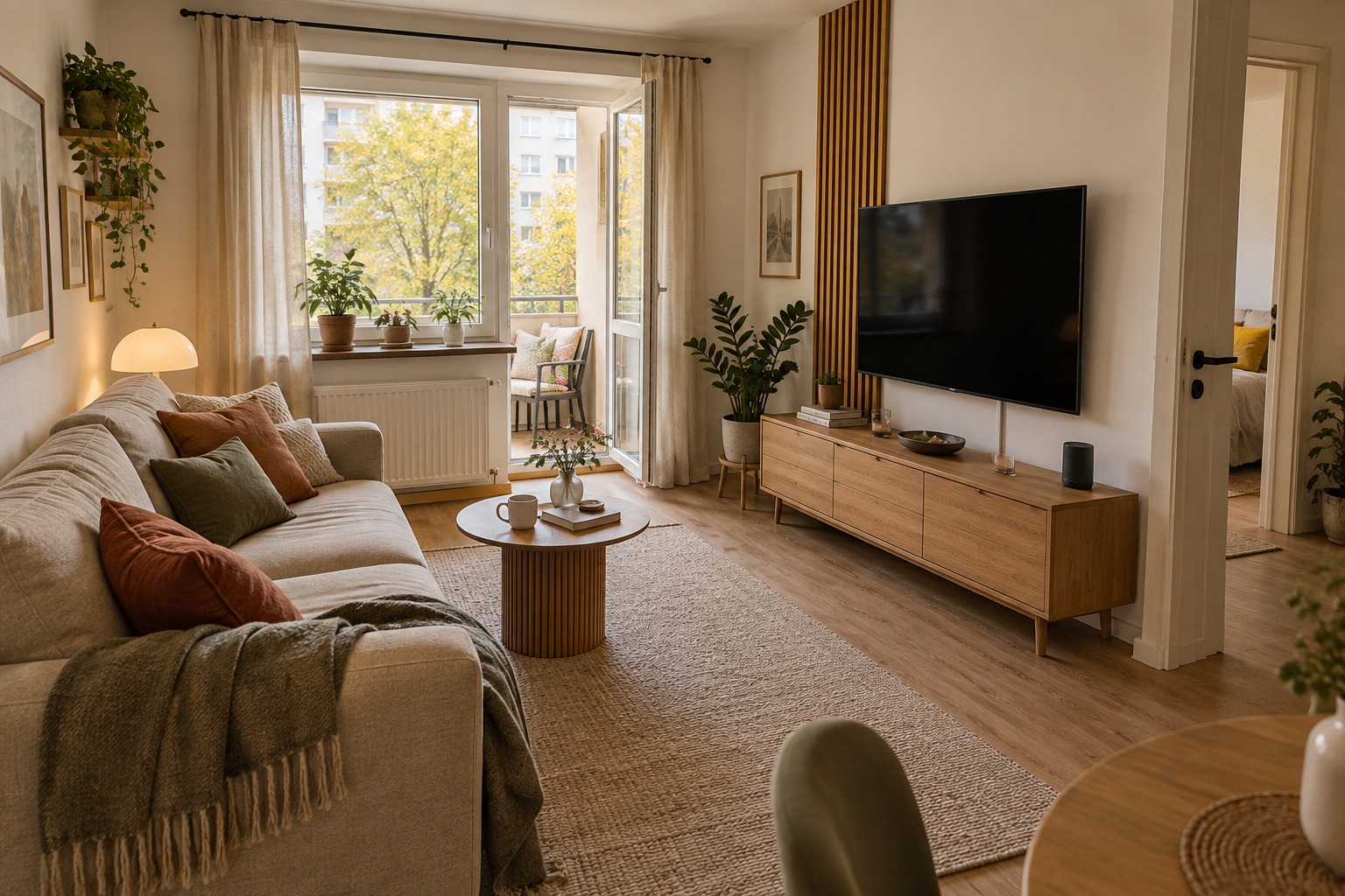 TV-Wand in einem kleinen gemütlichen Wohnzimmer mit Holzlowboard und freiem Durchgang