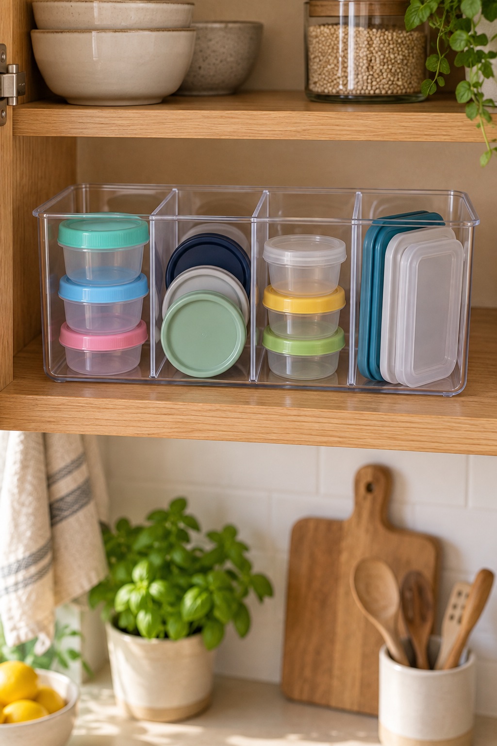 Kleine Snackdosen und Deckel in einem transparenten Organizer mit vier Fächern