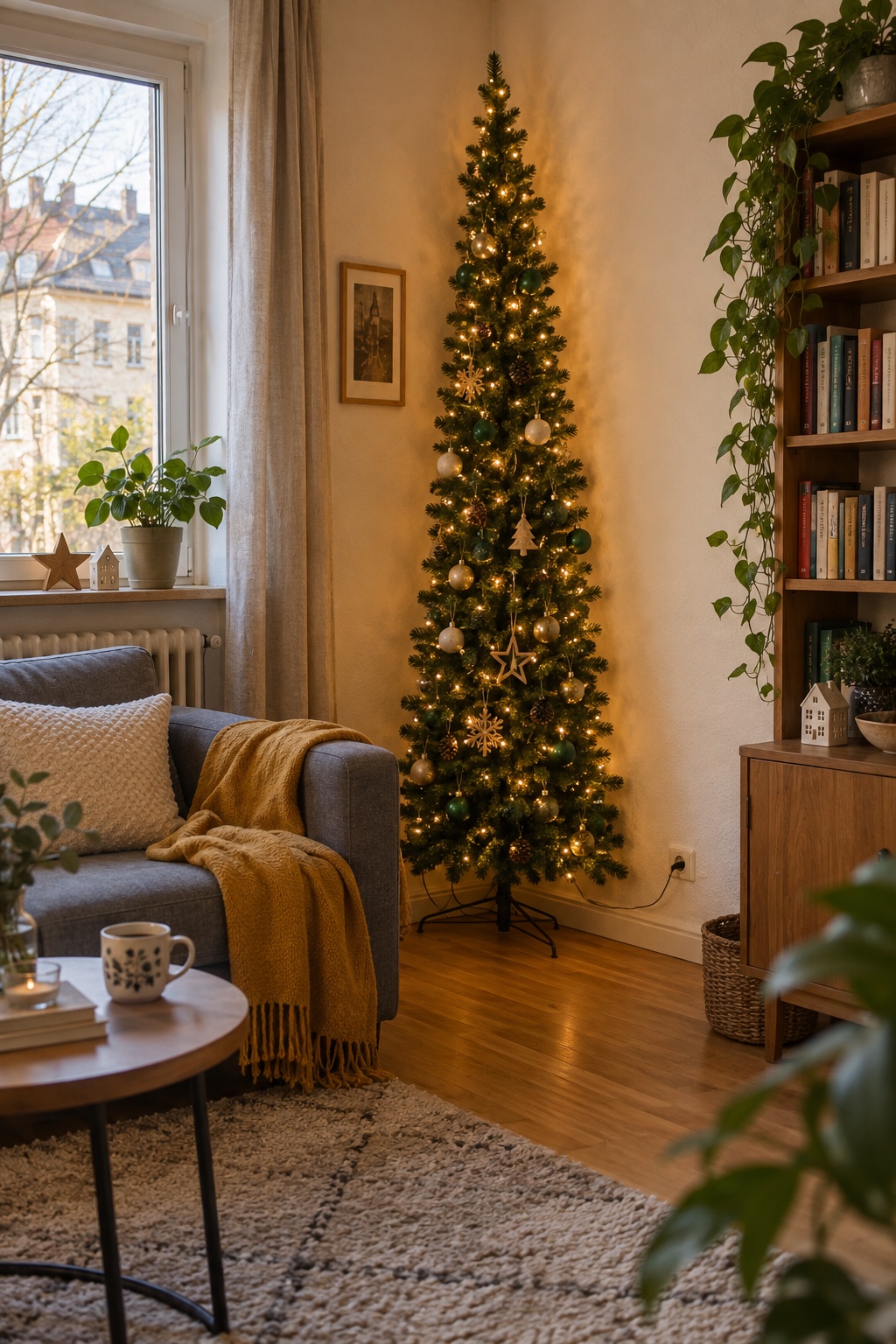 Schmaler grüner Weihnachtsbaum an der Wand neben einem gemütlichen Sofa