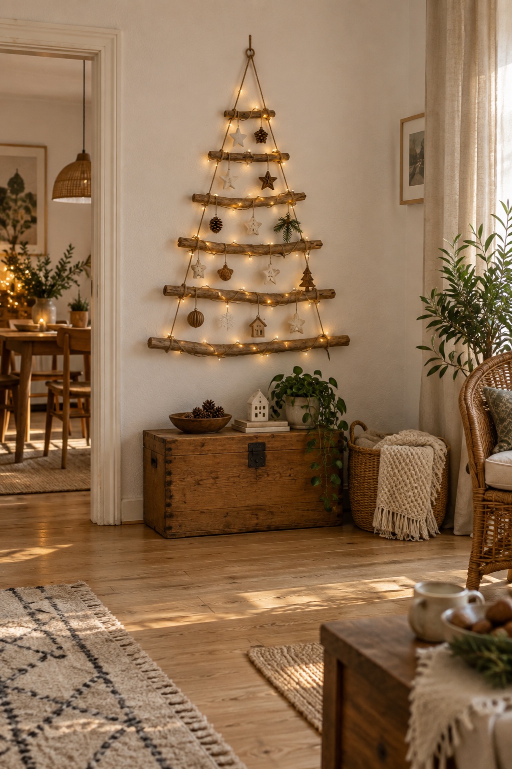 Flacher Weihnachtsbaum aus Naturästen mit Anhängern über einer Holzkommode