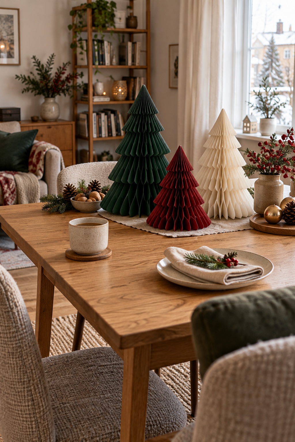 Grüner, roter und weißer Papier-Weihnachtsbaum auf einem bewohnten Esstisch