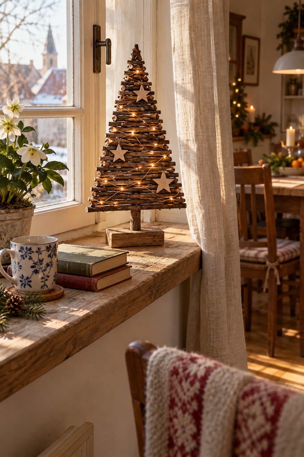 Kleiner beleuchteter Zweig-Holzbaum auf einer wohnlichen Fensterbank