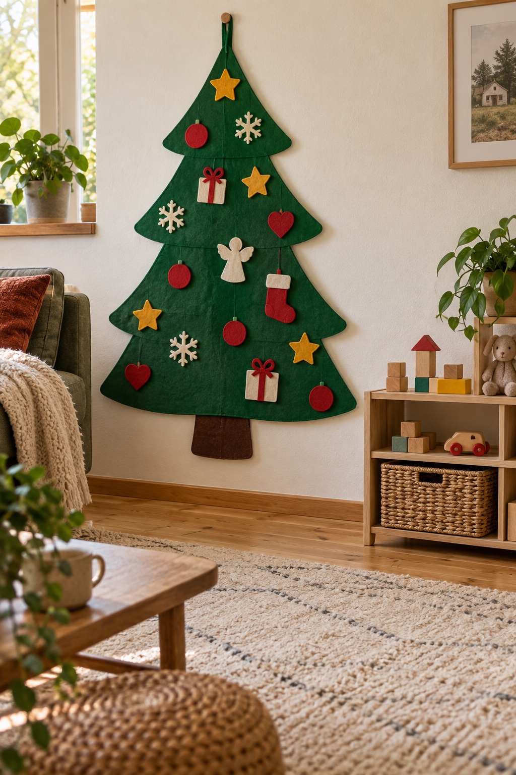 Flacher grüner Filzbaum mit abnehmbaren Formen an einer Wohnzimmerwand