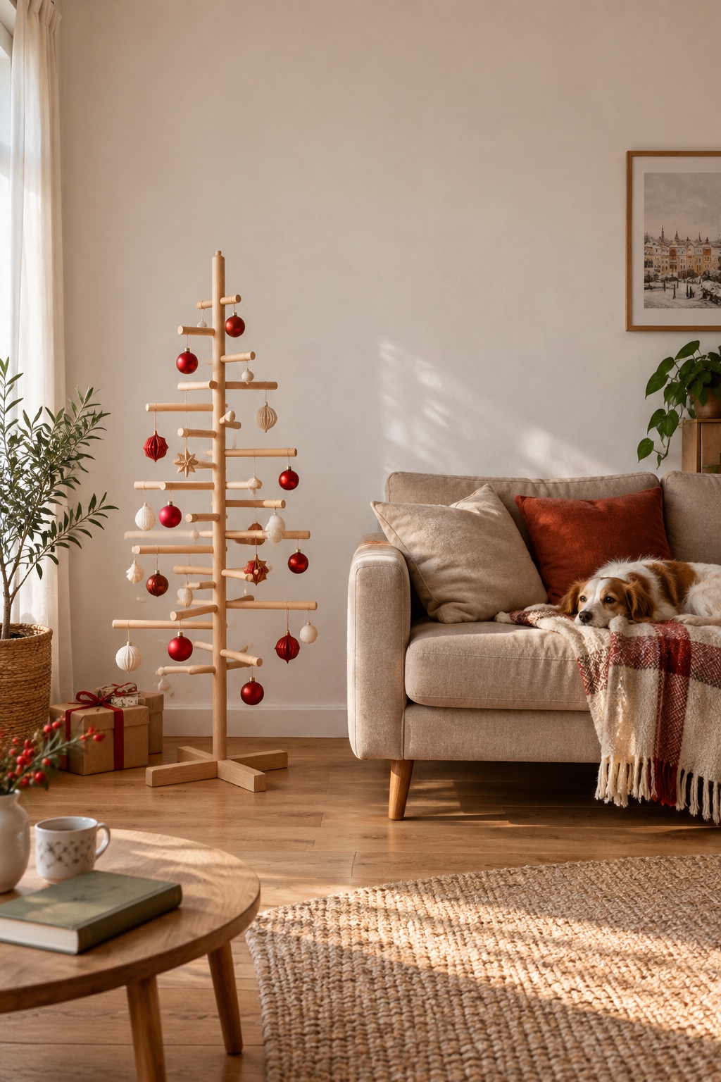 Offener Holzbaum mit gedrehten Querstäben und Kreuzfuß neben dem Sofa