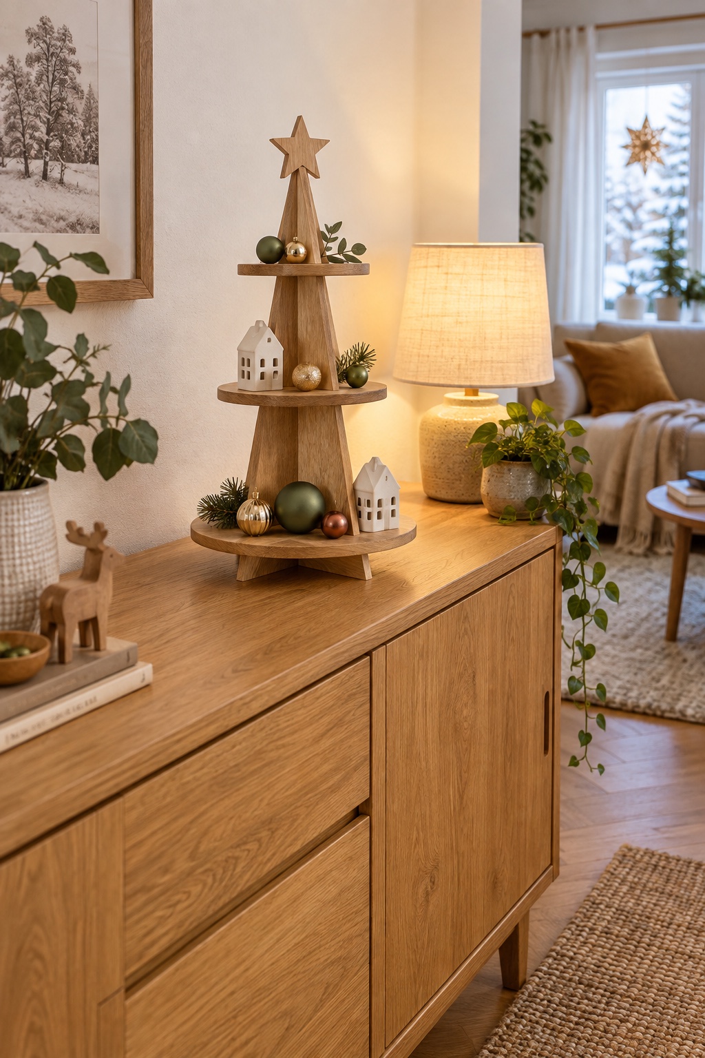 Baumförmige Holz-Etagere mit drei Ablagen, kleinen Häusern und Weihnachtskugeln