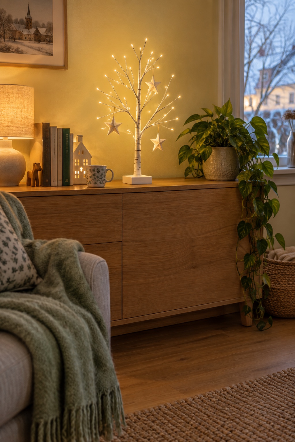 Kleiner weißer Lichterbaum mit warmweißen LEDs auf einem Sideboard