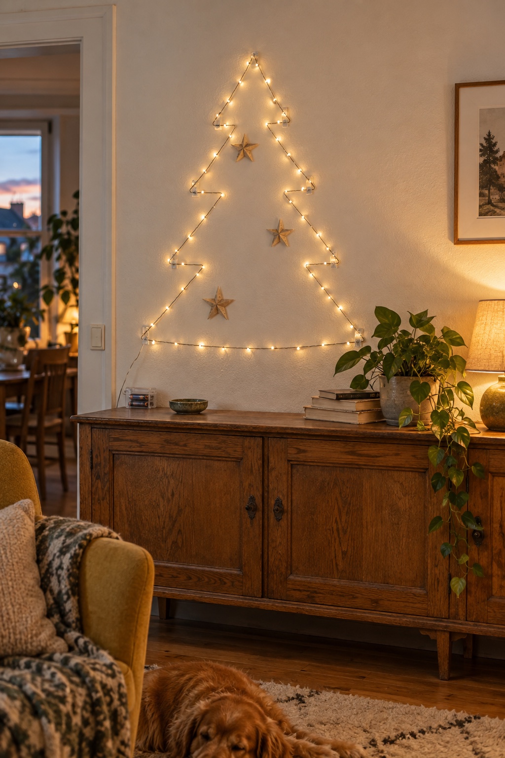 Weihnachtsbaumkontur aus einer dünnen warmweißen Lichterkette an der Wand