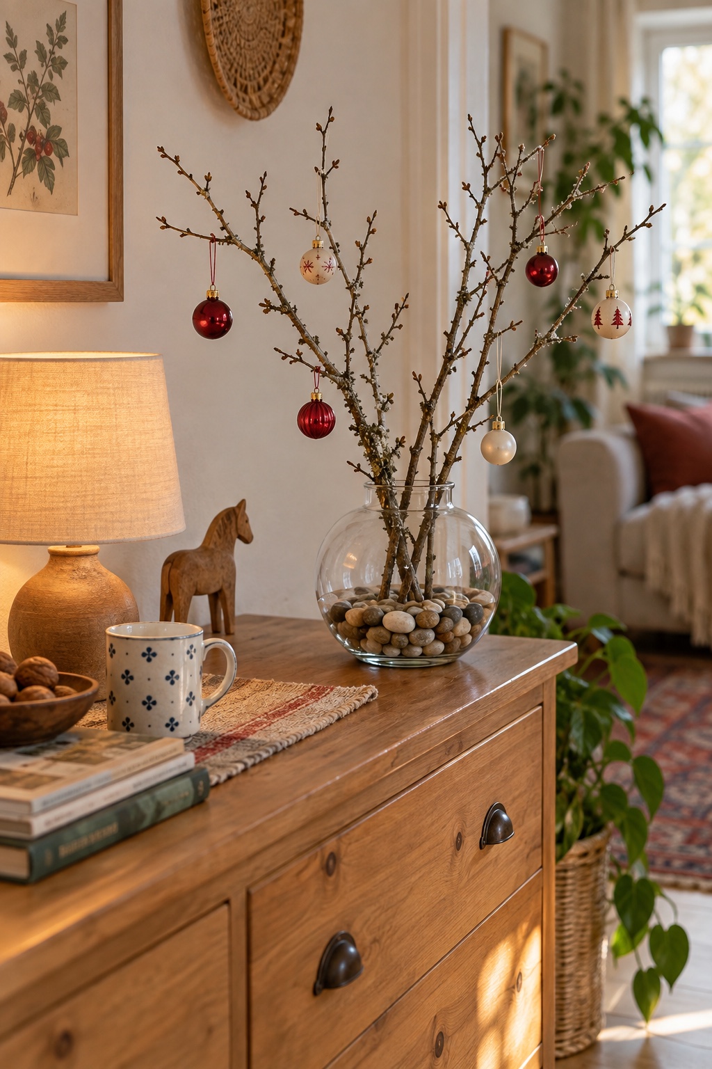 Kurze Naturzweige mit kleinen Weihnachtskugeln in einer runden Klarglasvase