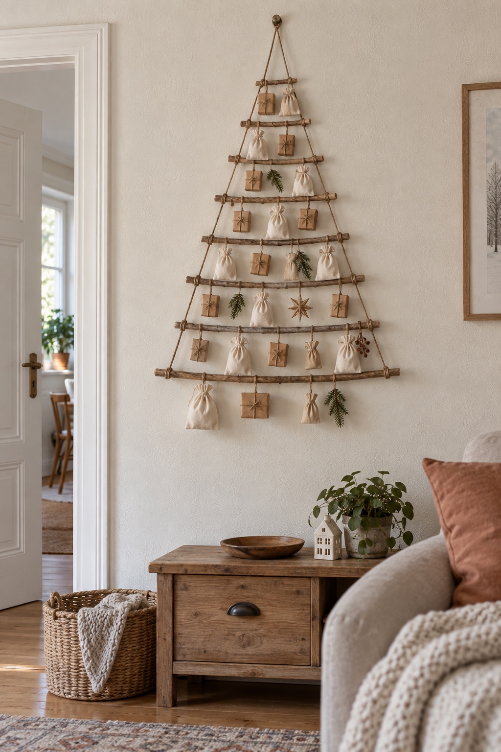 Hängende Baumleiter mit kleinen Adventspäckchen über einer Konsole