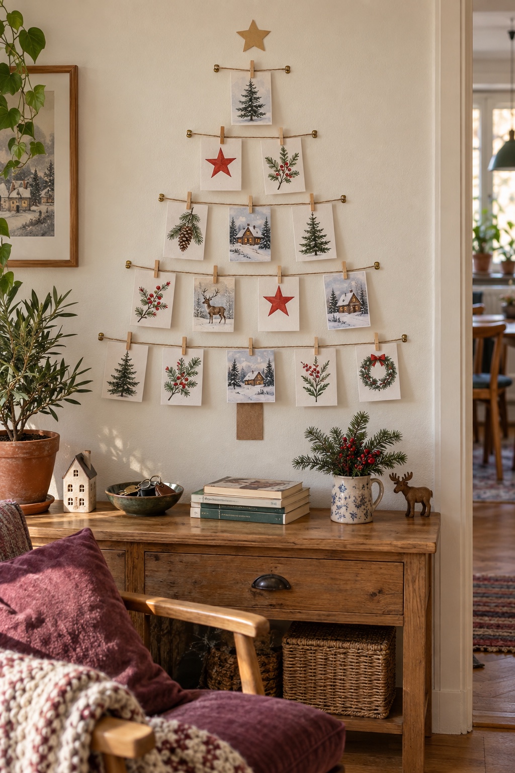 Weihnachtskarten an Juteschnüren mit kleinen Holzklammern als Wandbaum