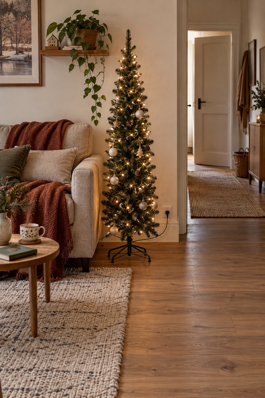 Schmaler grüner Weihnachtsbaum neben einem Sofa mit freiem Weg zur Tür