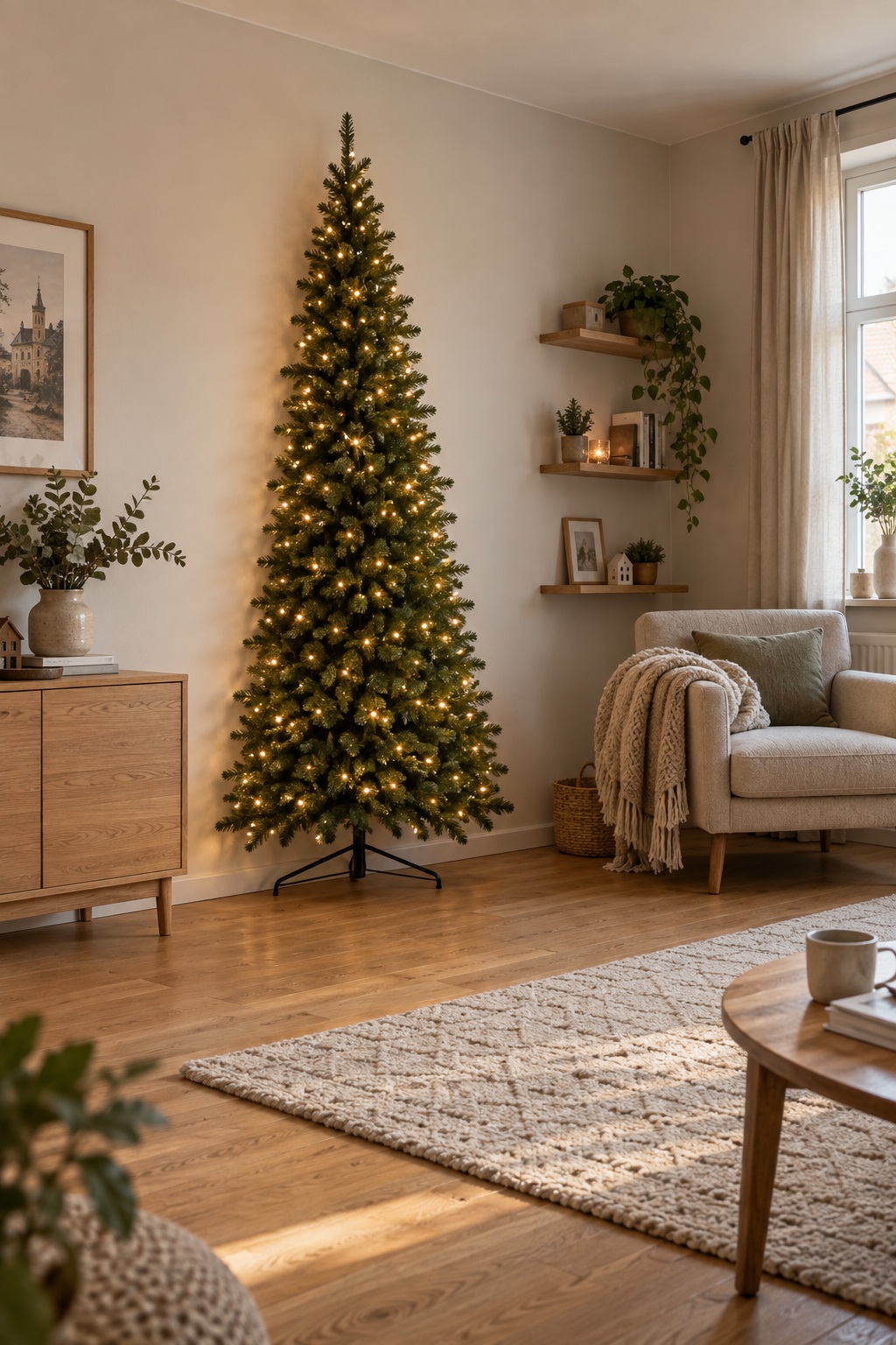 Halber Weihnachtsbaum mit flacher Rückseite an einer Wohnzimmerwand und sichtbarem Deckenabstand