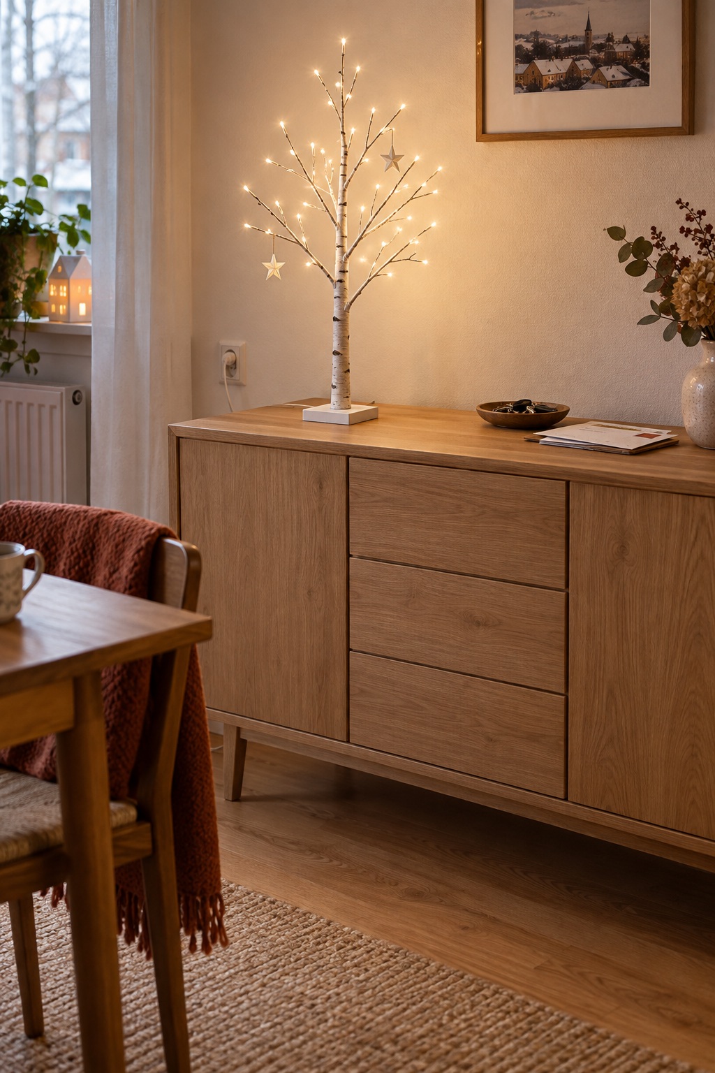 Kleiner weißer Birken-Lichterbaum auf einer Holzkommode mit freiem Boden davor