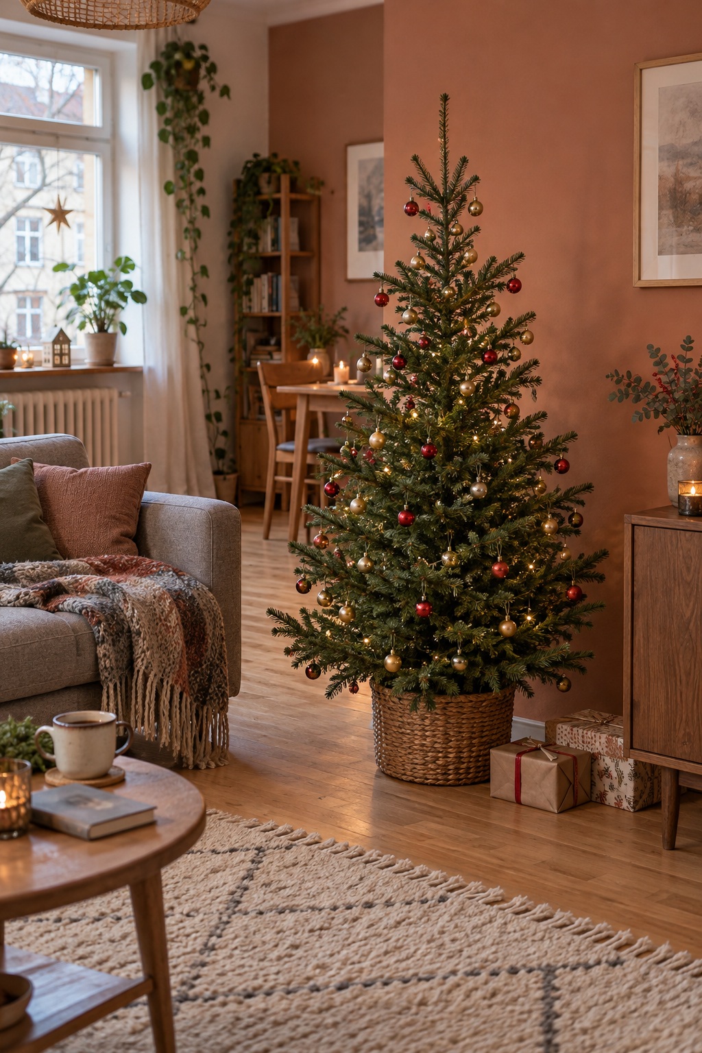 Kleine rote und goldene Kugeln an einem schlanken grünen Weihnachtsbaum