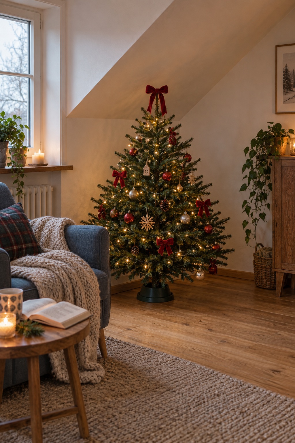 Rote Samtschleife an einem Weihnachtsbaum unter einer Dachschräge