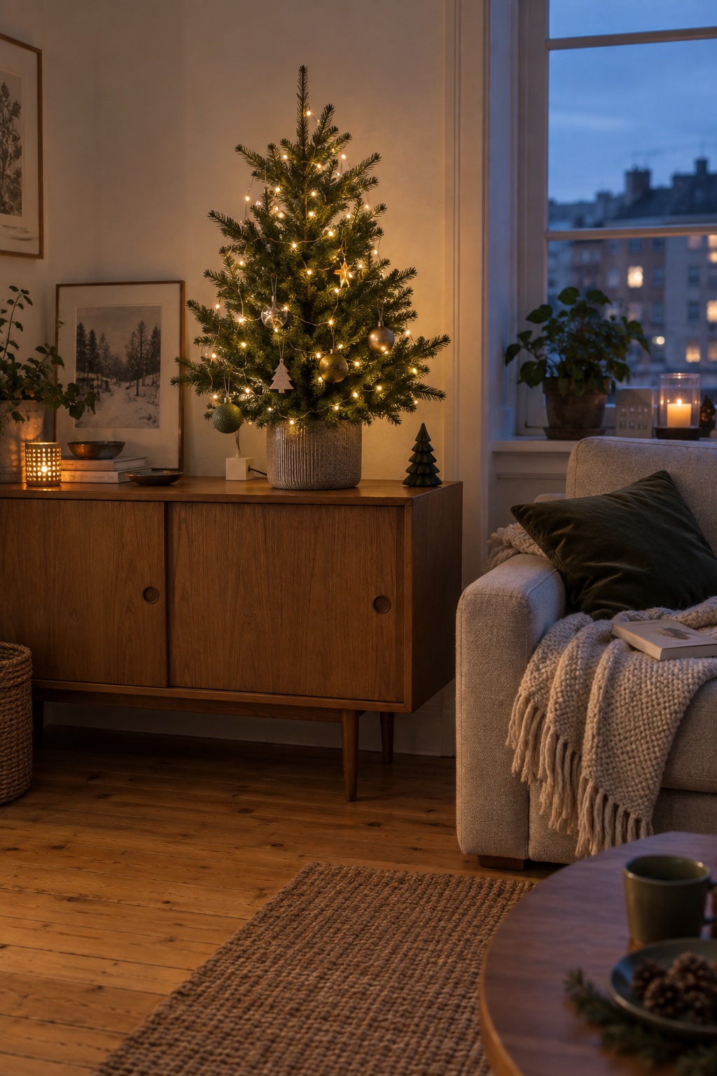 Warmweiße Drahtlichterkette am Tischbaum mit erreichbarem Batteriefach auf der Kommode