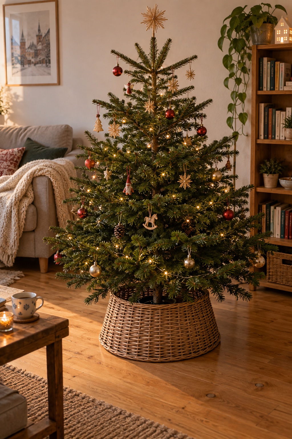 Geflochtener naturbrauner Baumkragen mit freiem Boden um den Weihnachtsbaum