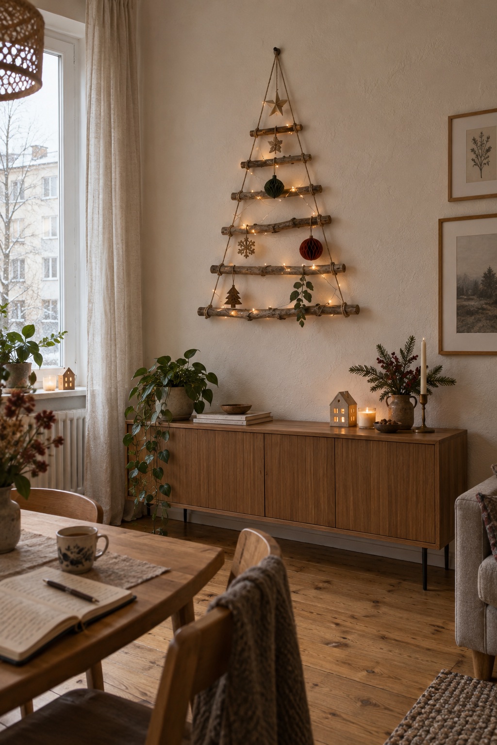 Flacher Weihnachtsbaum aus waagerechten Holzästen und Juteschnur über einem Sideboard