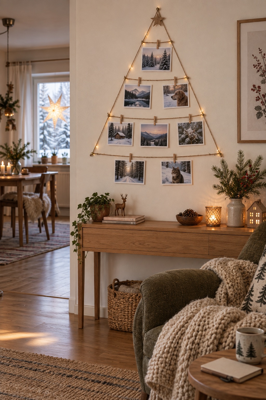 Dreieckiger Fotobaum aus Juteschnur mit kleinen Holzklammern über einer Konsole
