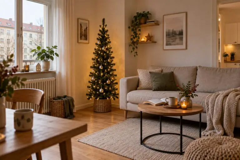 Schmaler Weihnachtsbaum in einer kleinen bewohnten Wohnung mit Sofa und freiem Laufweg
