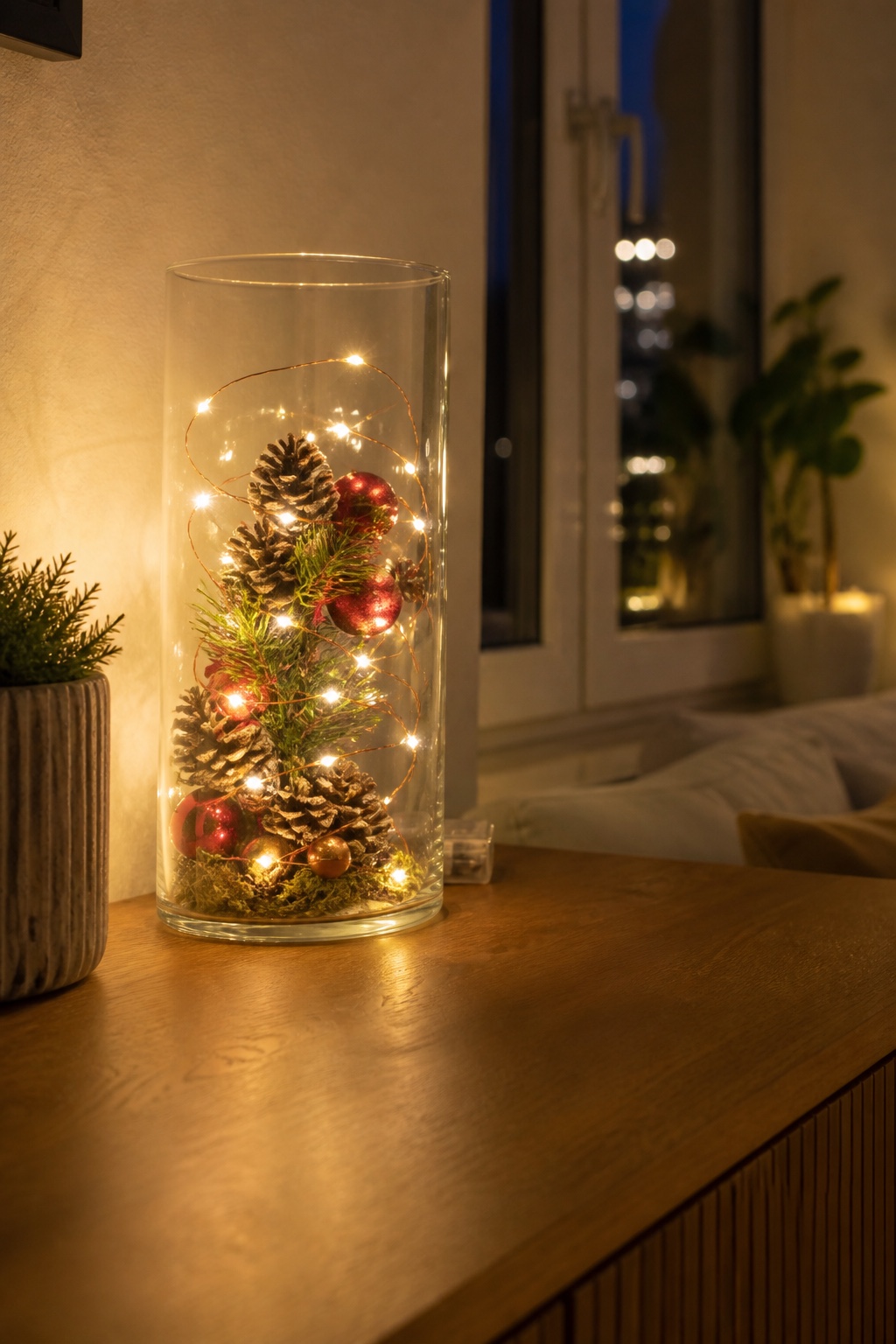 Hohes Glas mit locker gelegter warmweißer Mikro-Lichterkette auf einer winterlichen Fensterbank