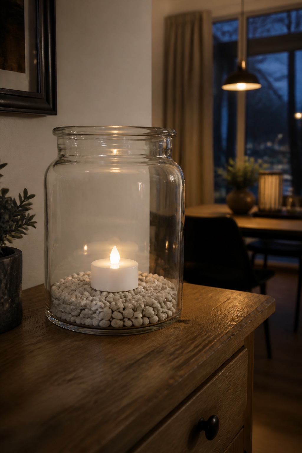 LED-Teelicht auf einer flachen Schicht heller Dekosteine in einem breiten Glas
