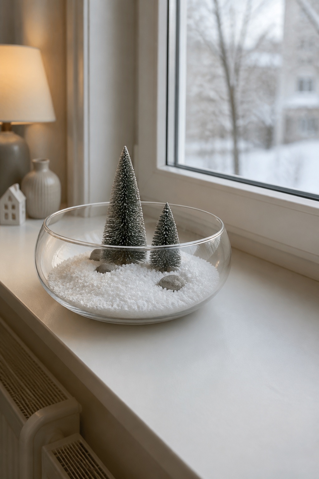 Breite Glasschale mit Kunstschnee, zwei Mini-Tannenbäumen und kleinen Steinen auf einer Fensterbank