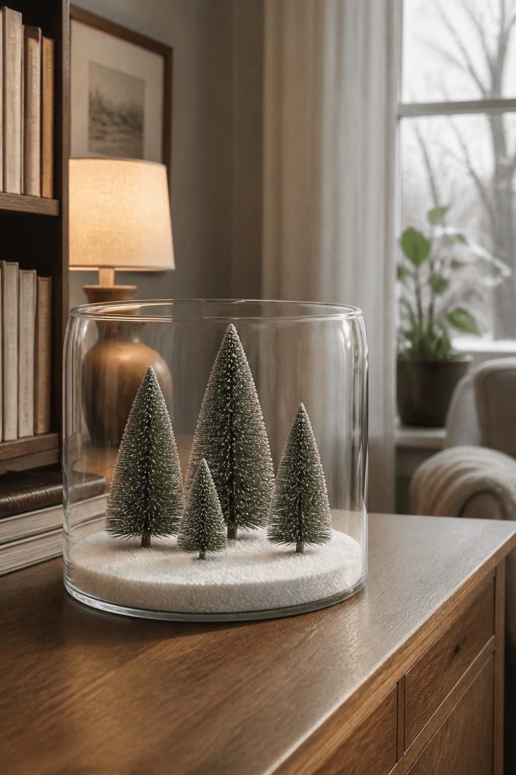 Großes Glas mit vier unterschiedlich hohen Mini-Tannenbäumen auf hellem Winterboden