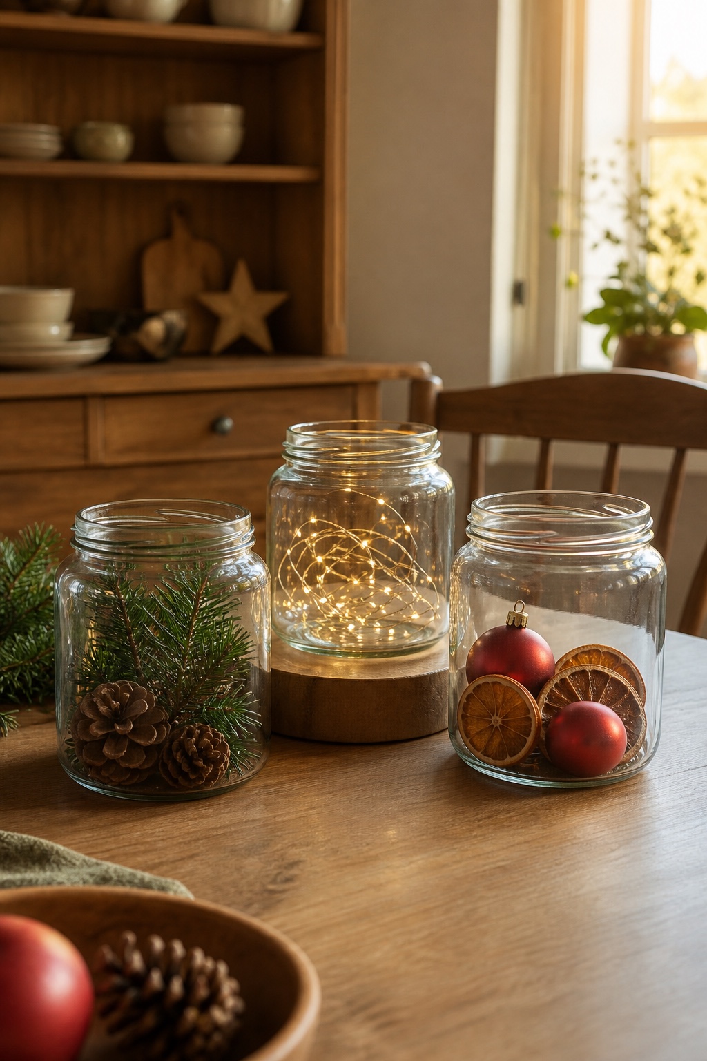 Drei große Weithalsgläser mit Tannenzapfen, Lichterkette und Orangenscheiben auf einem Holztisch