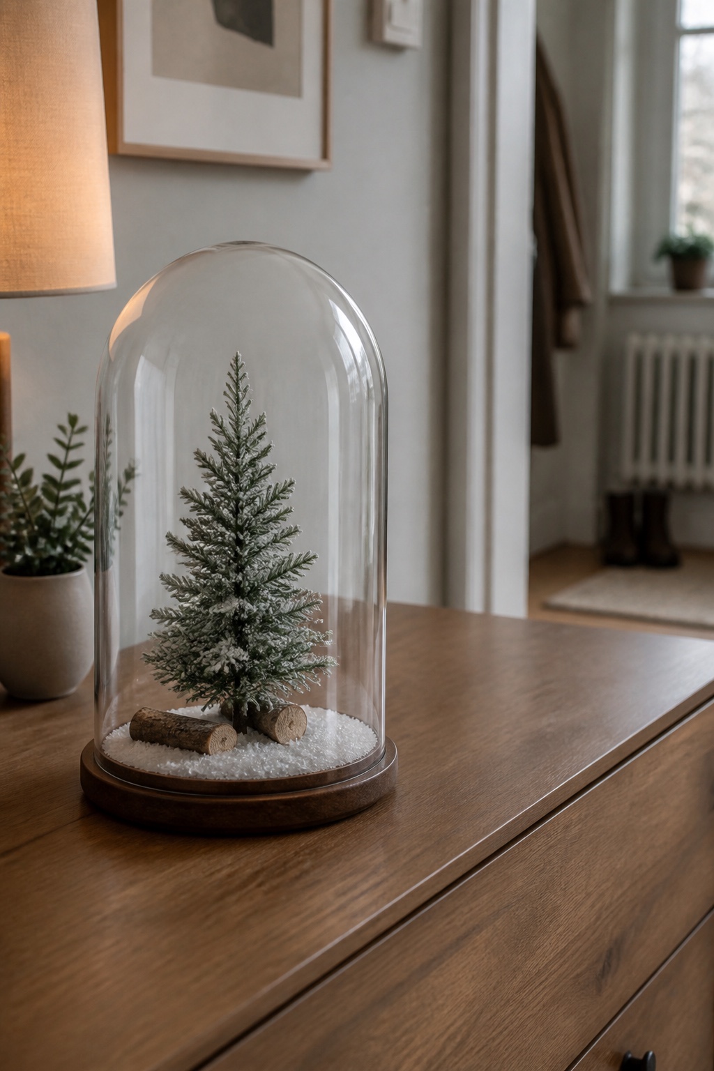 Glasglocke mit kleinem Tannenbaum und Holzstücken auf künstlichem Schnee