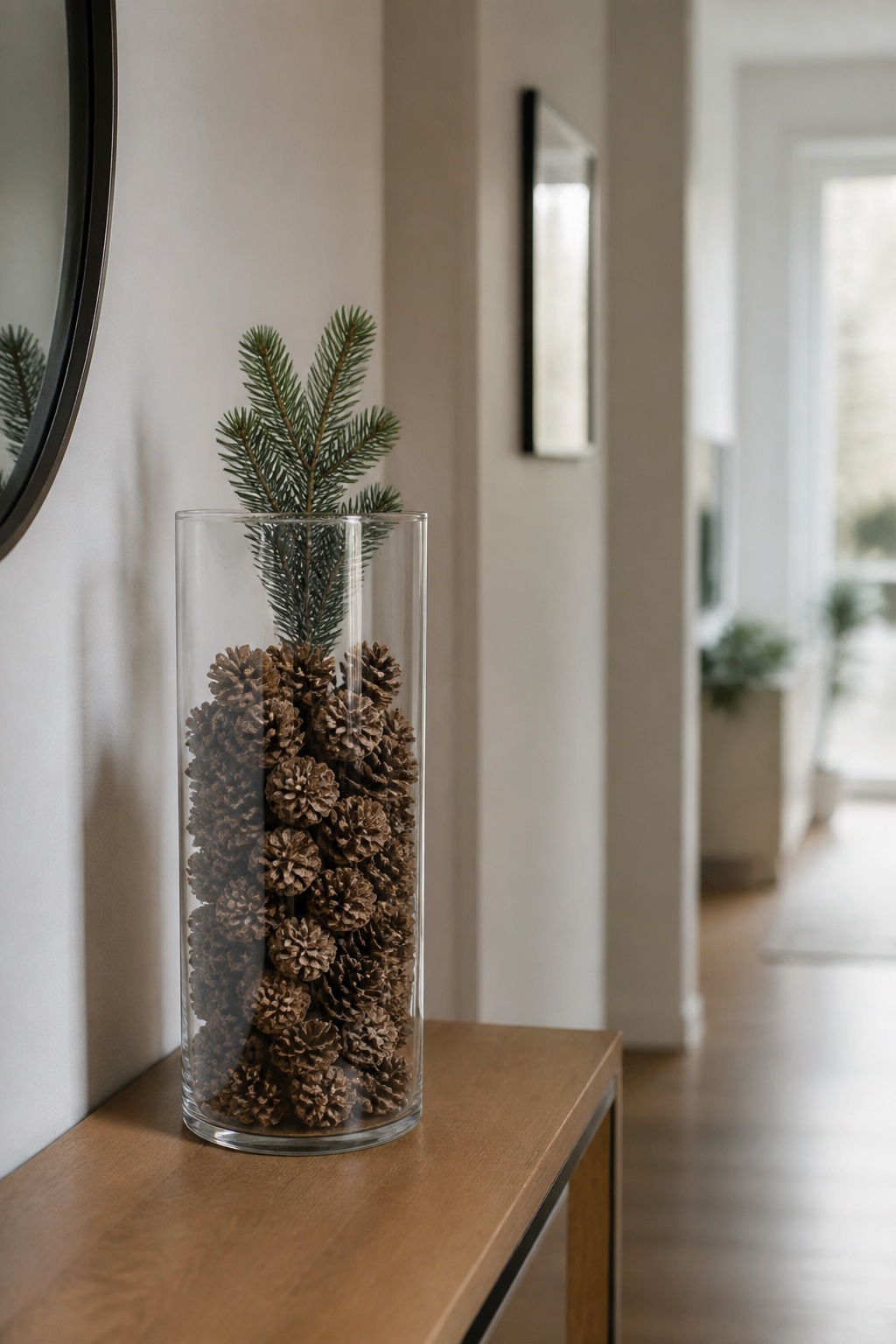 Hohes Glas mit vielen kleinen Tannenzapfen und einem kurzen Tannenzweig