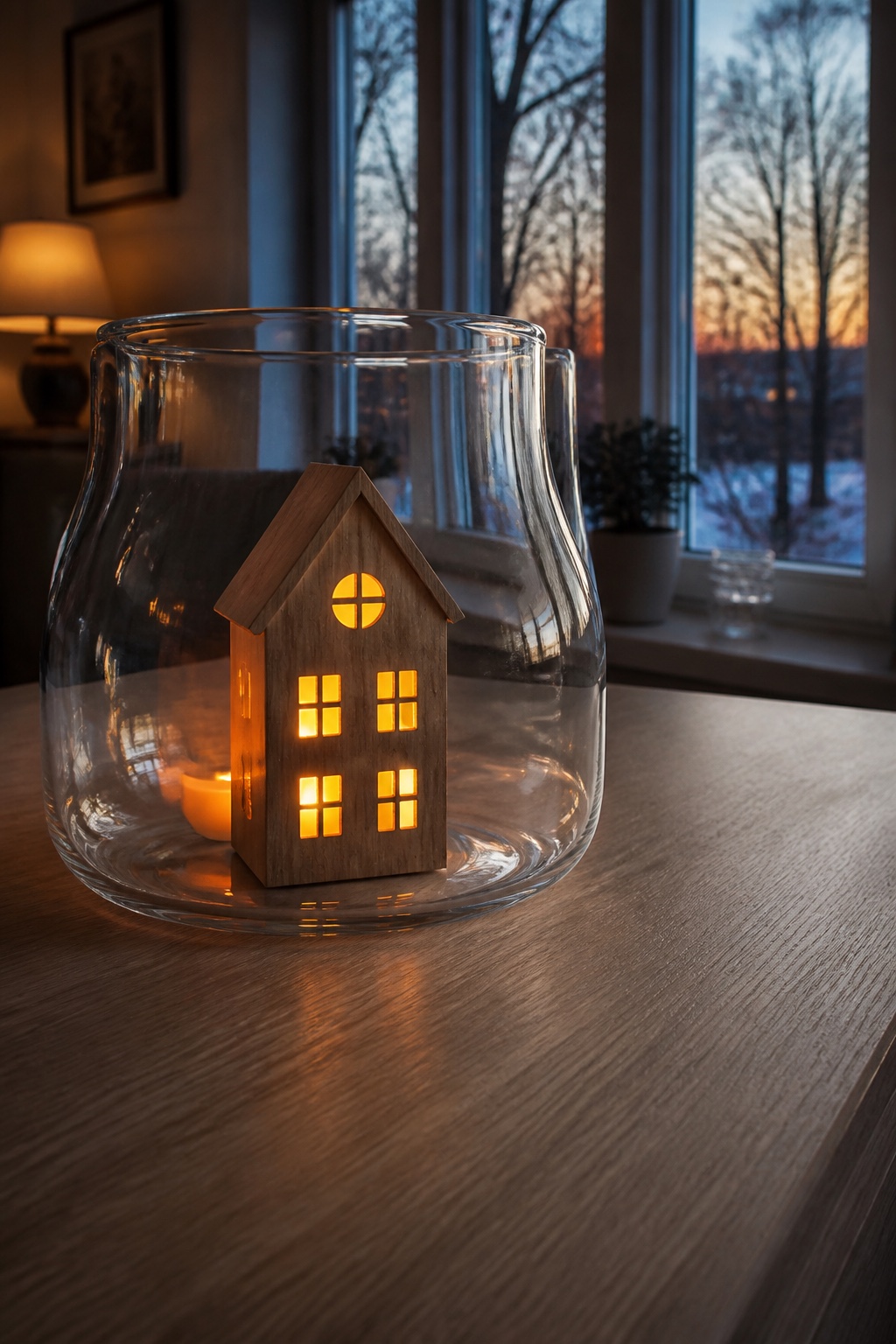 Kleines Holzhaus mit LED-Licht in einem großen offenen Glas auf der Fensterbank