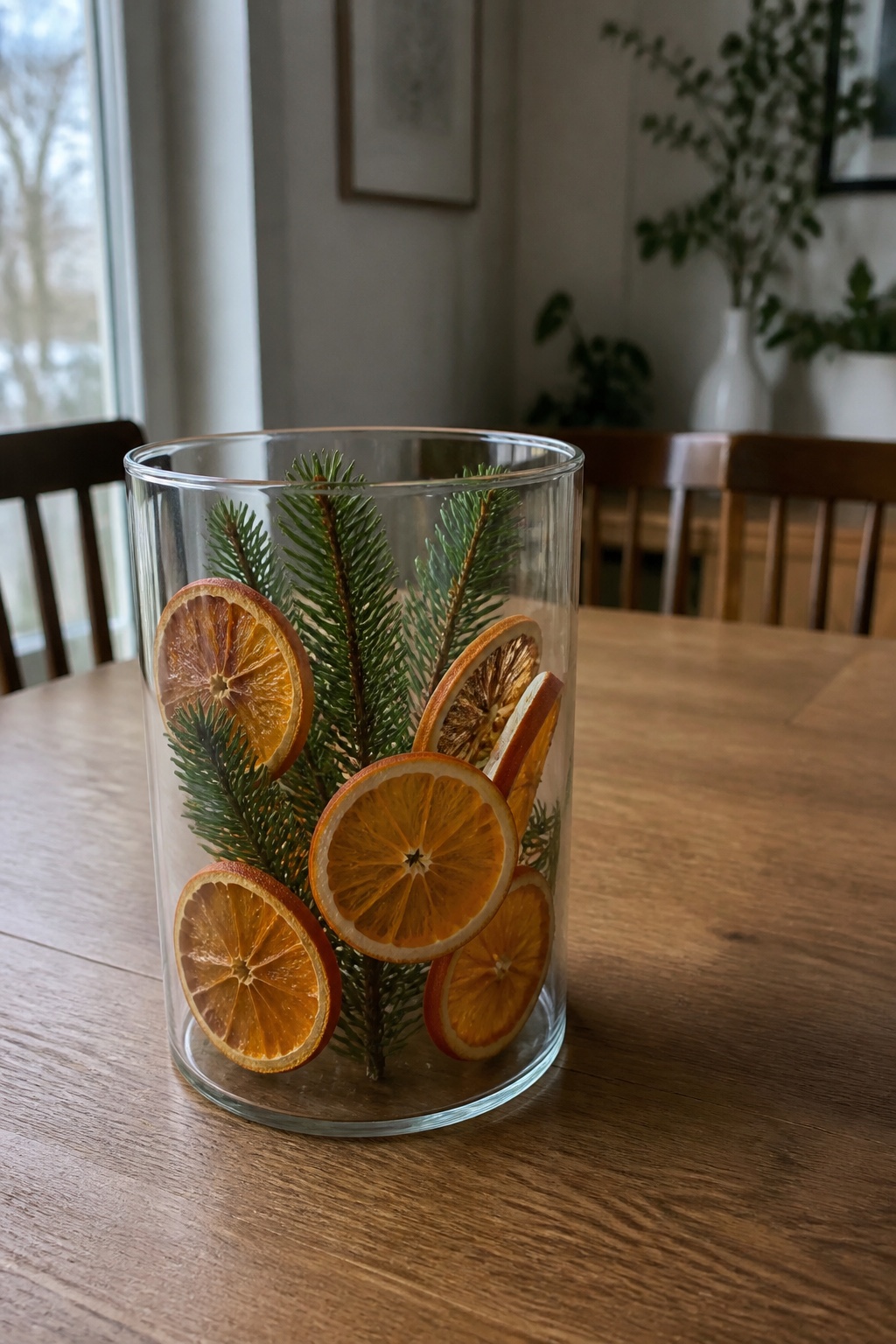 Breites Glas mit getrockneten Orangenscheiben und wenigen kurzen Tannenzweigen