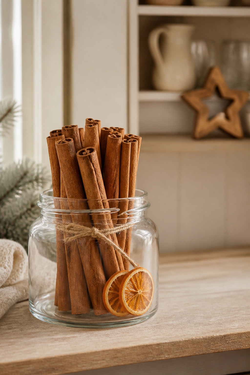 Gebündelte Zimtstangen mit Naturkordel und Orangenscheiben in einem klaren niedrigen Glas