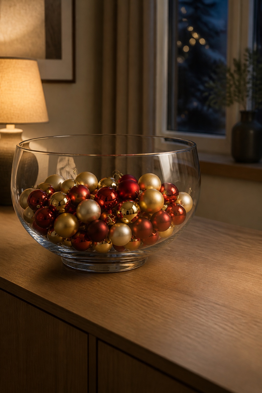 Klare Glasschale mit kleinen roten und goldenen Weihnachtskugeln in matten und glänzenden Oberflächen