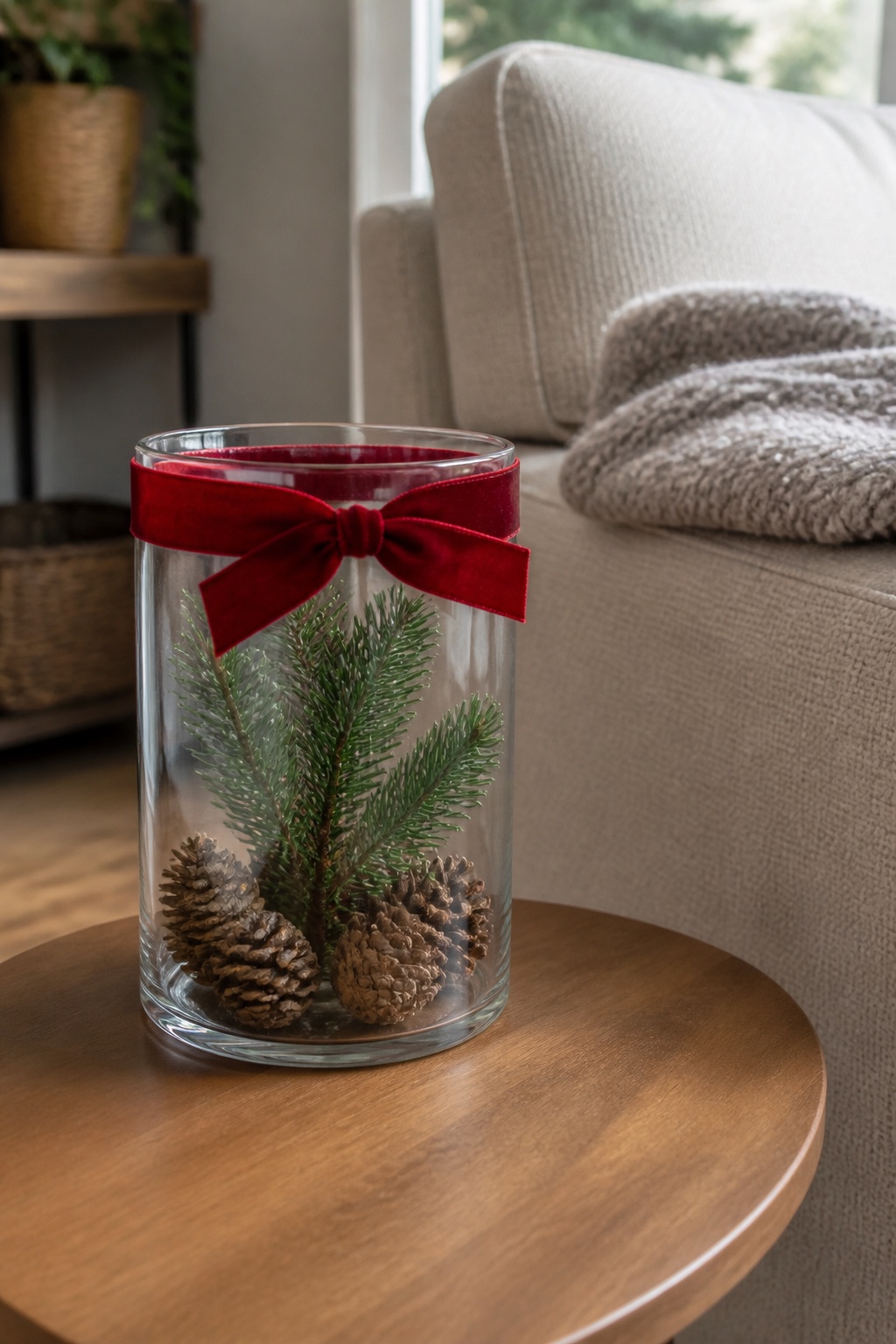 Schlichtes Vorratsglas mit breitem roten Samtband und kleiner Schleife am oberen Rand