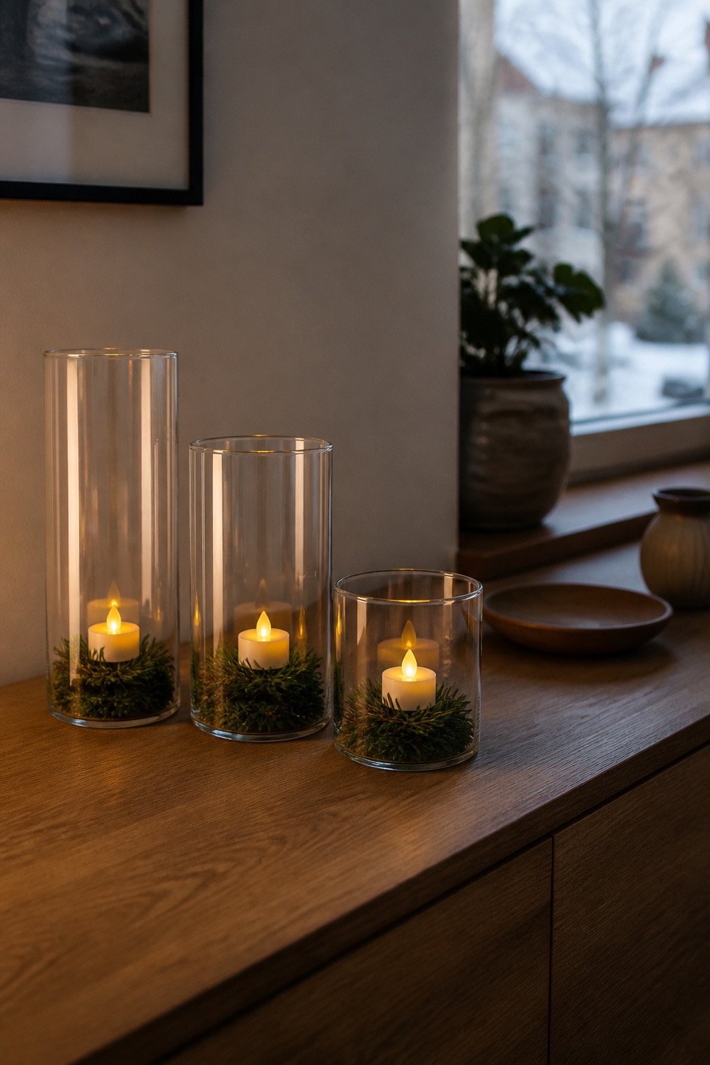 Drei klare Glaszylinder in abgestuften Höhen mit winterlichen Füllungen auf einem Sideboard