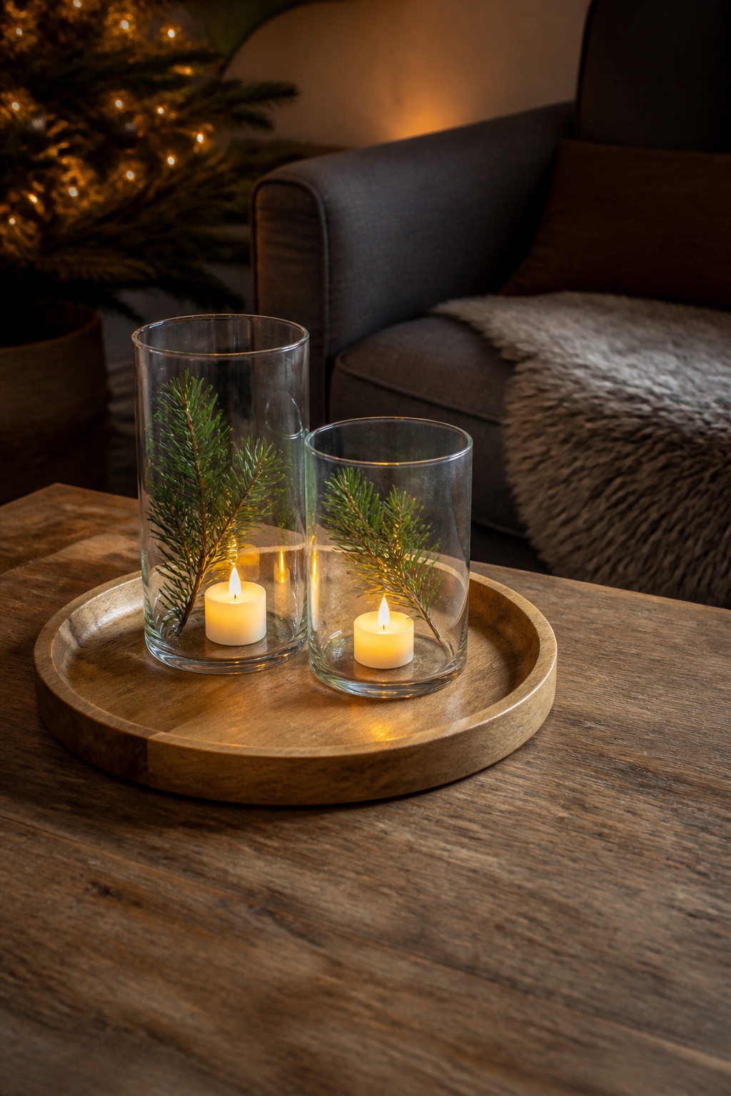 Zwei weihnachtliche Lichtgläser und ein kleiner Tannenzweig auf einem runden Holztablett
