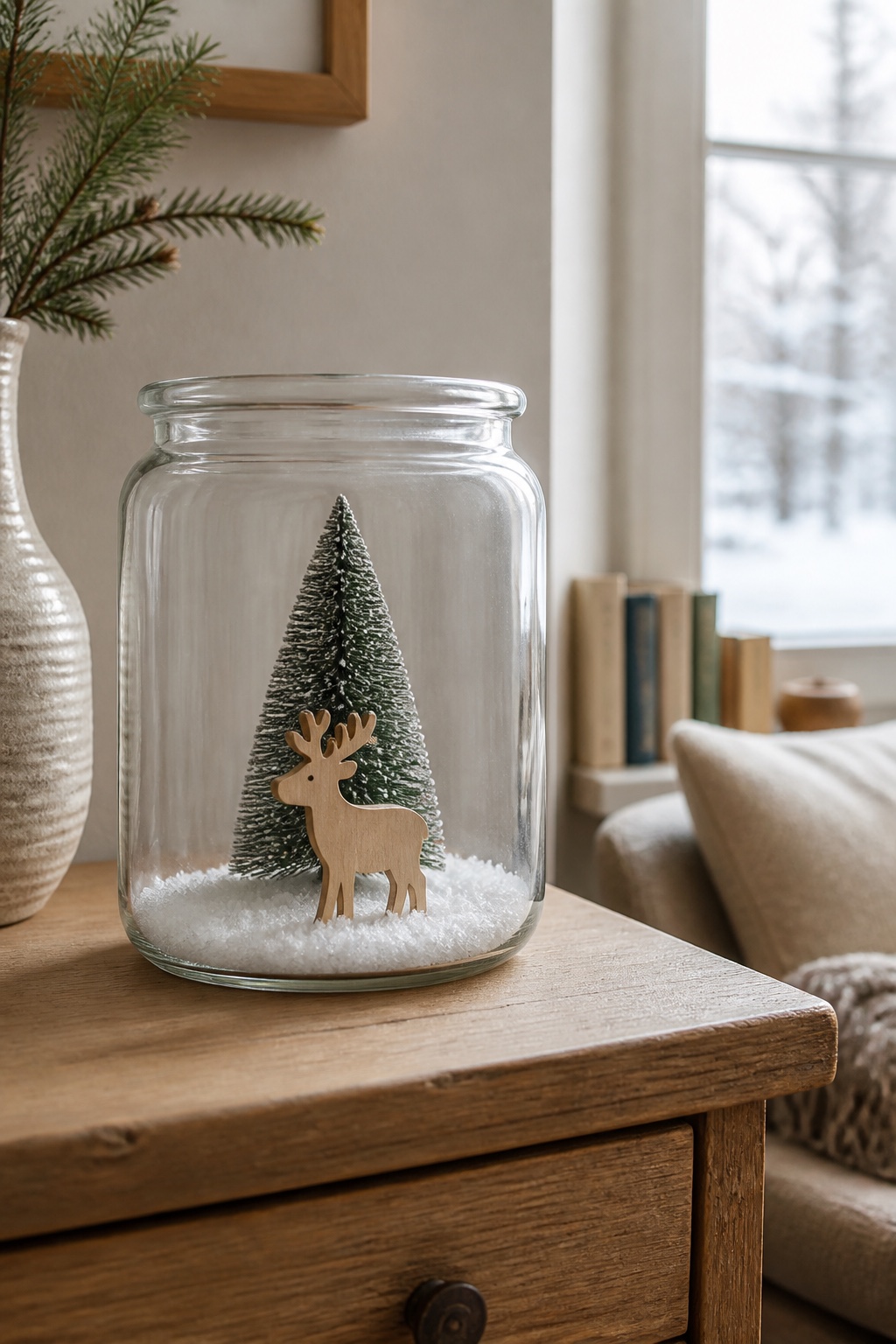 Kleines naturfarbenes Holzrentier vor einem Mini-Tannenbaum in einem breiten Glas